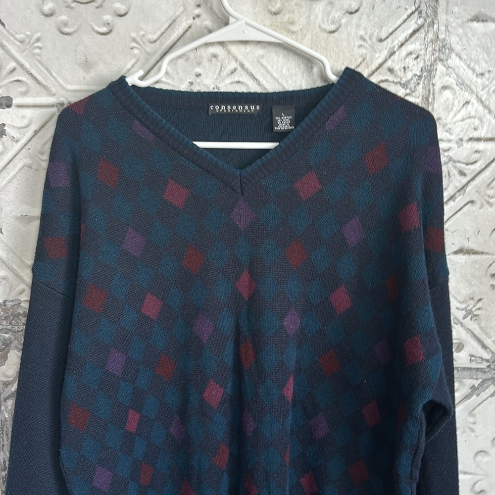 Vintage Argyle cozy knit wool blend oversized grandpa vneck sweater